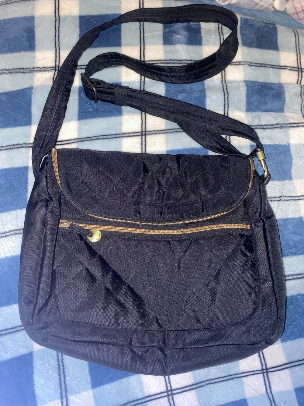 Travelon Black Quilted Crossbody Bag with Gold Zippers